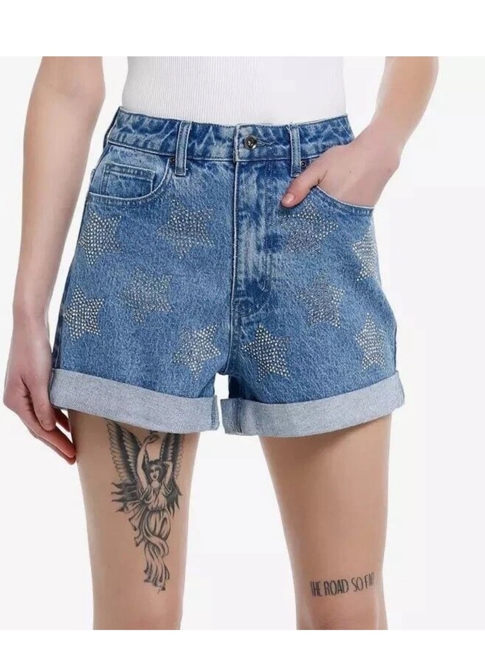 Hot Topic Silver Star Rhinestone Mom Jean Shorts size 7